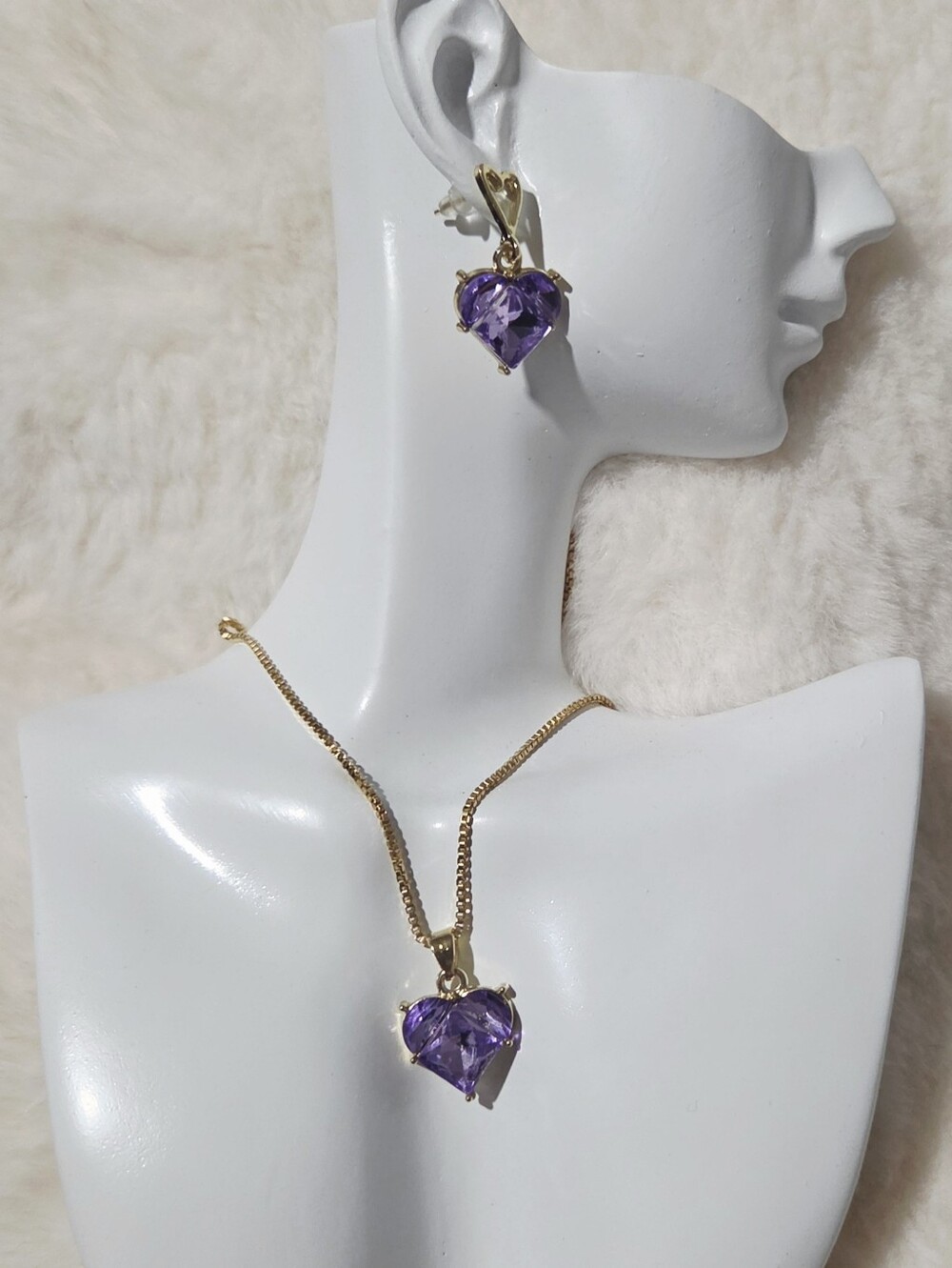 Gold Tone Necklace and Earrings Set with Purple Heart Gemstones